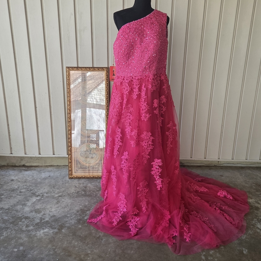 New Yishaer Hot Pink One Shoulder Sequin Gown size 18